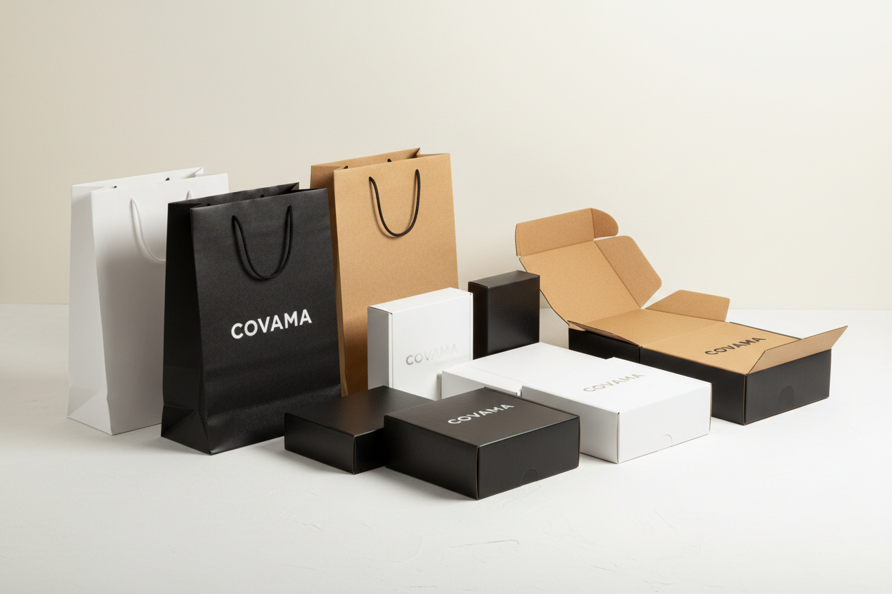 Imagen hero - Bolsas y cajas Covama en blanco, negro y café